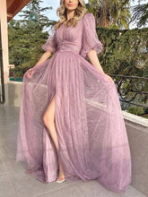 New Style Sexy Lace Purple Mesh Half Sleeved Prom Dresses
